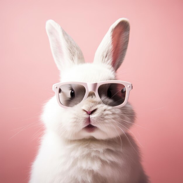 Rabbit wearing sunglasses on pink background created using generative ai technology