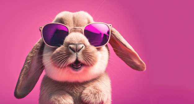 A rabbit wearing sunglasses and a pink background