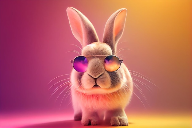 A rabbit wearing sunglasses and a rainbow colored background