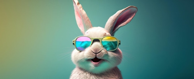 A rabbit wearing sunglasses and a rainbow colored glasses