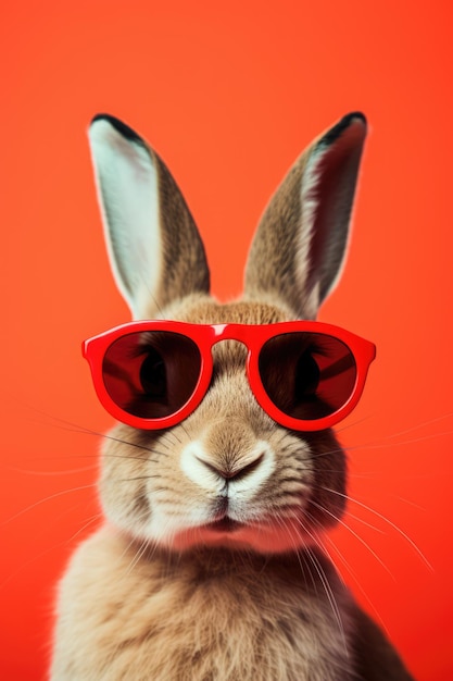 Photo rabbit wearing sunglasses on red background created using generative ai technology