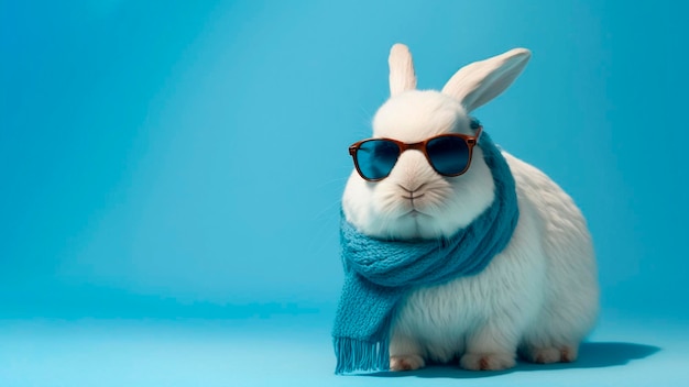 A rabbit wearing sunglasses and a scarf with the word rabbit on it