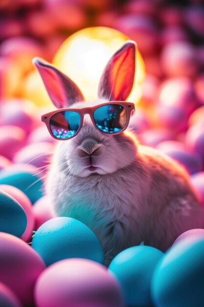 Rabbit Wearing Sunglasses Sitting in a Pile of Eggs