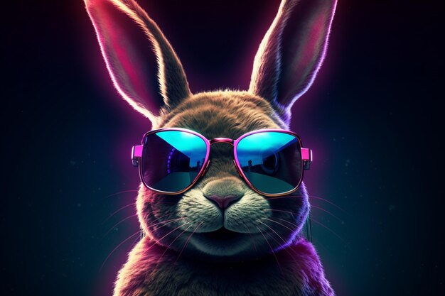 Rabbit wearing sunglasses with city skyline in the background generative ai