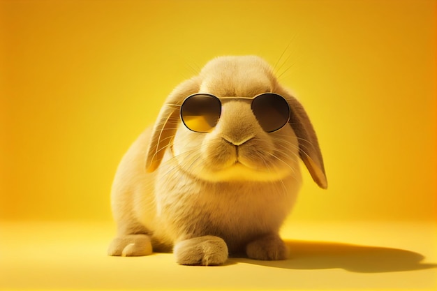 Rabbit wearing sunglasses on a yellow background