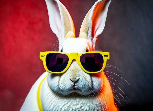 A rabbit wearing sunglasses and a yellow shirt is wearing a yellow shirt.