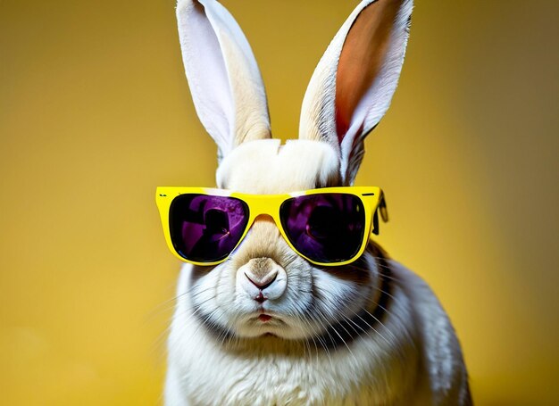 A rabbit wearing sunglasses and a yellow shirt.