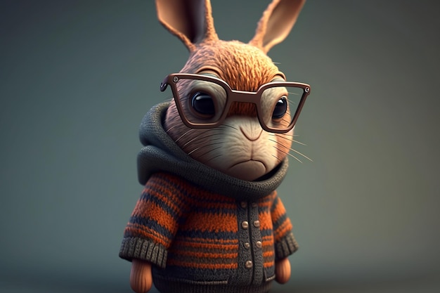 A rabbit wearing a sweater and glasses with the word bunny on it.