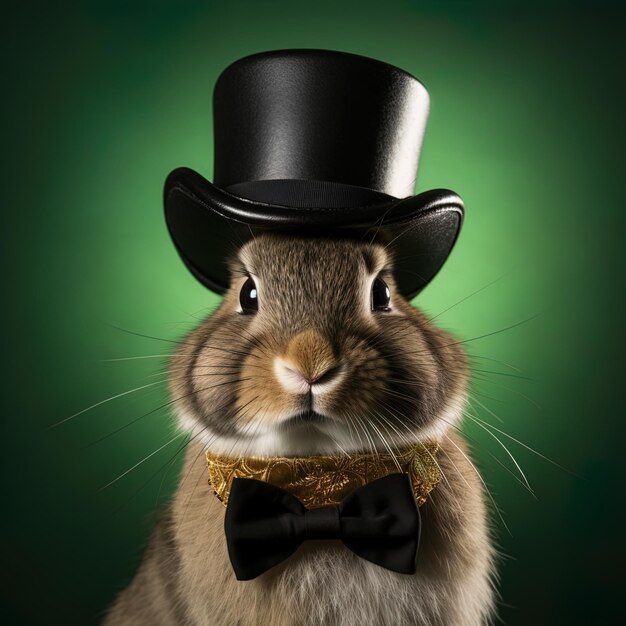 a rabbit wearing a top hat with a bow tie and a bow tie.