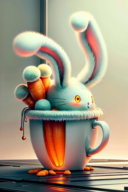 The rabbit who is placed in the cup loves carrots creative mini rabbit design wallpaper background