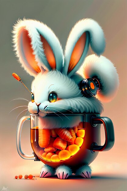 The rabbit who is placed in the cup loves carrots creative mini rabbit design wallpaper background