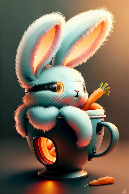 The rabbit who is placed in the cup loves carrots creative mini rabbit design wallpaper background