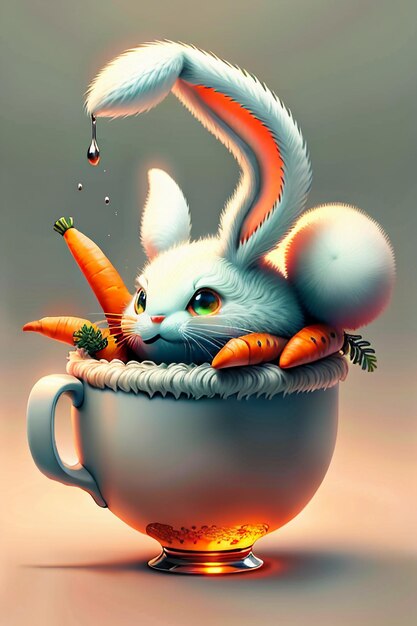 The rabbit who is placed in the cup loves carrots creative mini rabbit design wallpaper background