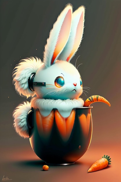 The rabbit who is placed in the cup loves carrots creative mini rabbit design wallpaper background