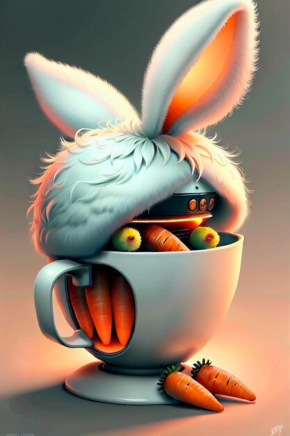 The rabbit who is placed in the cup loves carrots creative mini rabbit design wallpaper background
