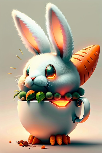 The rabbit who is placed in the cup loves carrots creative mini rabbit design wallpaper background