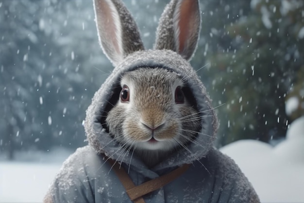 Rabbit in winter clothes stands against the background of snow on a winter day