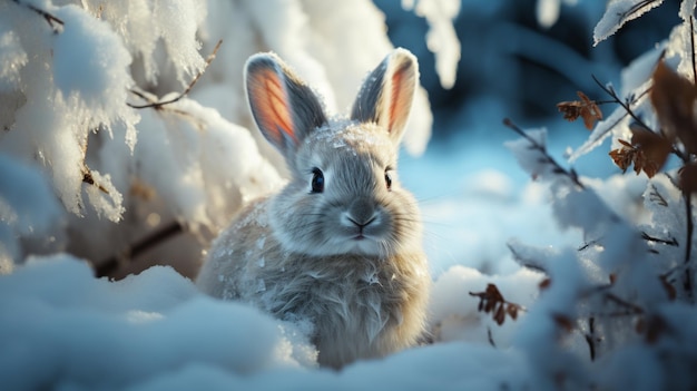 冬の森のクリスマス背景のウサギ