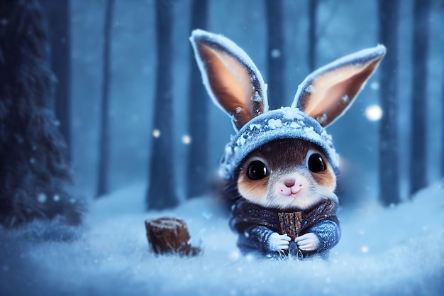 Rabbit in the winter forest christmas background