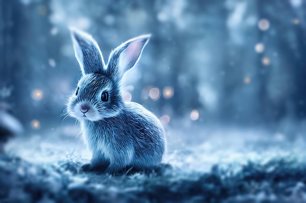 Rabbit in the winter forest christmas background