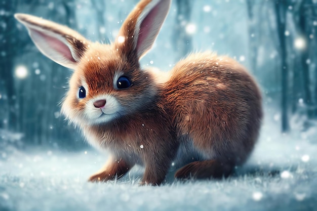 Rabbit in the winter forest christmas background