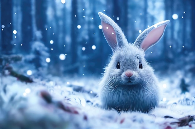 Rabbit in the winter forest christmas background