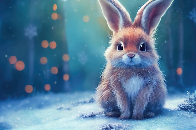 Rabbit in the winter forest christmas background