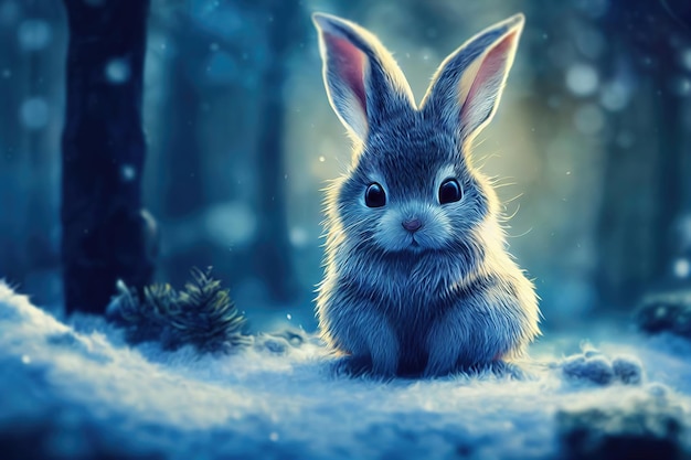 겨울 숲 크리스마스 배경에서 토끼