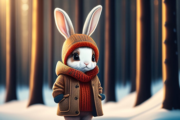 A rabbit in a winter forest with a hat and scarf