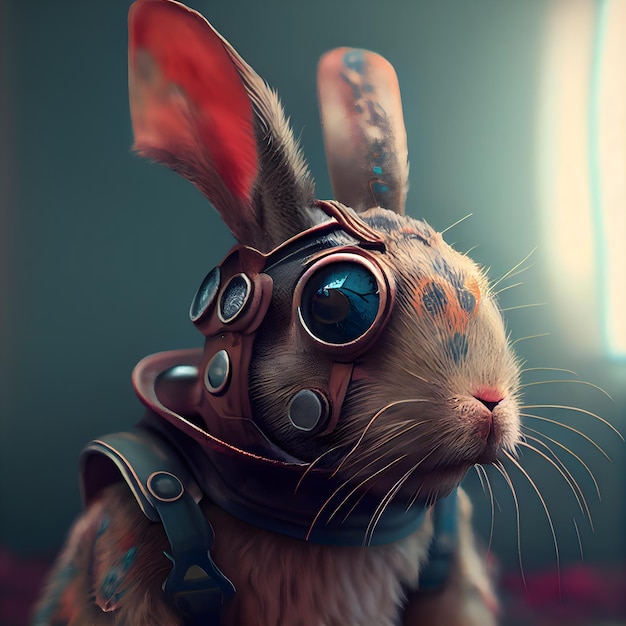 Rabbit with aviator helmet and goggles 3d rendering