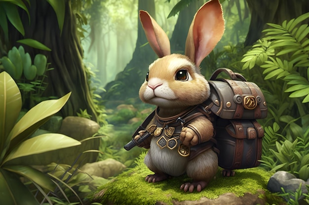 A rabbit with a backpack in a forest