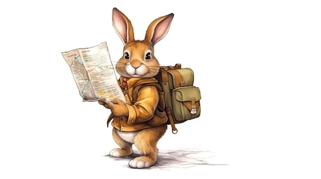 Rabbit with a backpack and a map ready for an adventure on white background Cartoon character Cartoon illustration Generative Ai