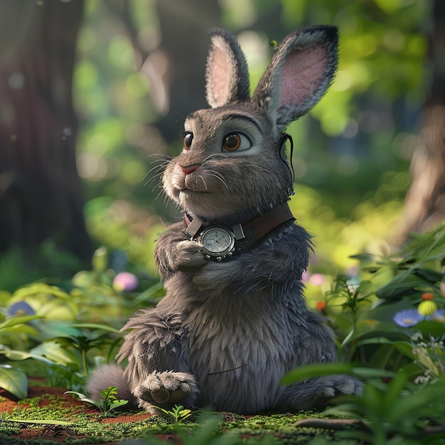 Photo a rabbit with a bell around its neck sits in the woods