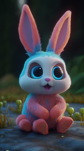 A rabbit with big blue eyes sits in a field.