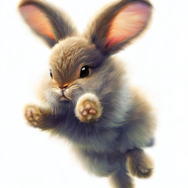 A rabbit with big ears is flying in the air.