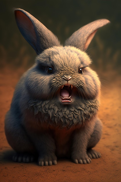 A rabbit with a big mouth sits in a dark desert.