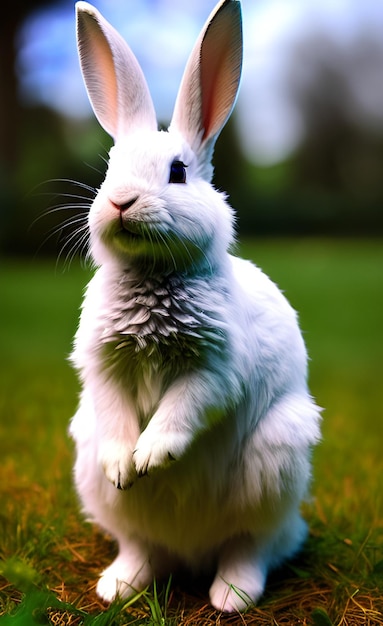 A rabbit with black eyes stands in a field.