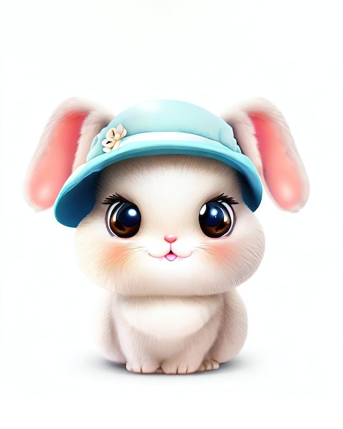 A rabbit with a blue cap and a blue cap sits on a white background.