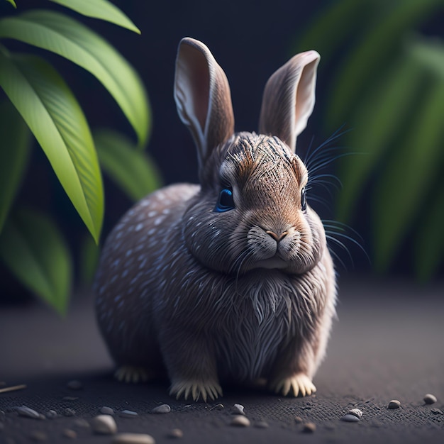 A rabbit with a blue eye is standing in front of some green bushes