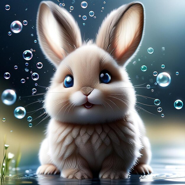 A rabbit with blue eyes and a bubble in the background