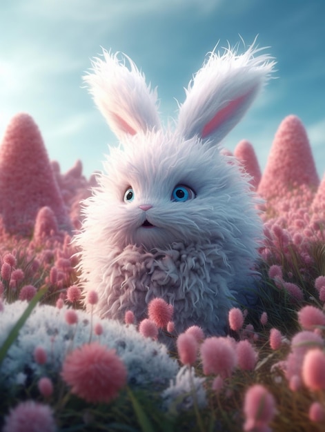 A rabbit with blue eyes is in a field of flowers.