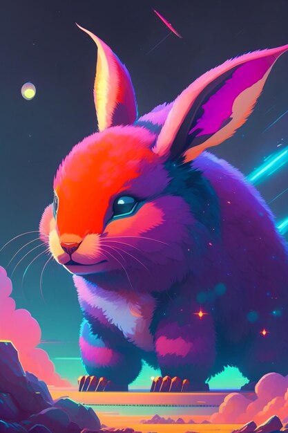 A rabbit with blue eyes and a purple tail