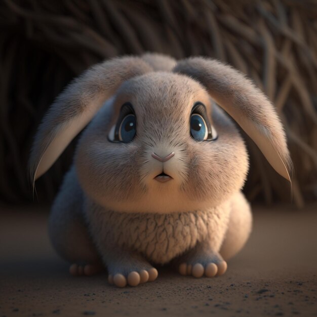 A rabbit with blue eyes sits on the ground.