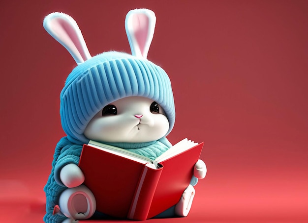 A rabbit with a blue hat and a blue sweater sits on a red background.