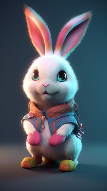 A rabbit with a blue jacket and pink gloves sits on a blue background.