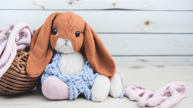 A rabbit with a blue knitted sweater sits on a wooden table.