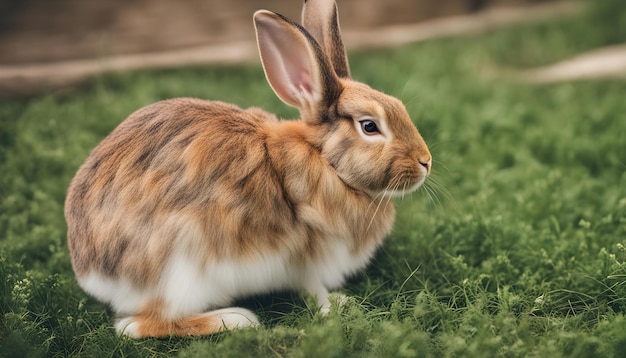 Photo a rabbit with brown and white fur is sitting in the grass