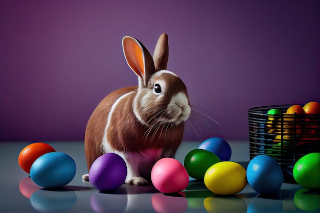 A rabbit with a bunch of easter eggs