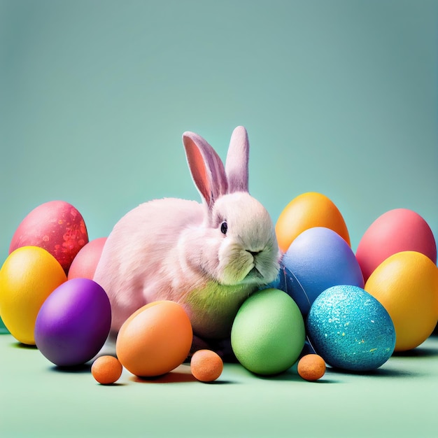 A rabbit with a bunch of easter eggs