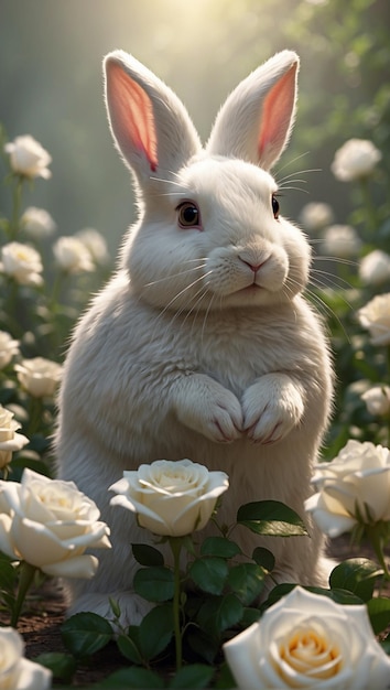 背中にウサギがいるウサギが春の庭で白いローズバニーを持つ花のウサギに座っています